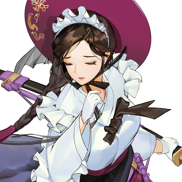1girl blouse braid breasts brown_hair closed_eyes eyelashes female_focus forehead frills game_cg gat_(hat) gloves hat headdress holding holding_sword holding_weapon keumran_(last_origin) korean_clothes large_breasts last_origin long_hair long_sleeves maid maid_headdress official_art parted_lips rorobomb sheath sheathed shirt single_braid skirt source_request sword transparent_background upper_body weapon white_gloves wide_sleeves
