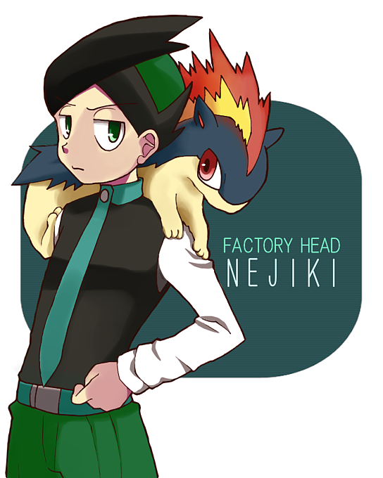 1boy aqua_necktie arm_behind_back belt black_hair black_vest character_name closed_mouth english_text fire gen_2_pokemon green_eyes green_hair half-closed_eyes hand_on_own_hip long_sleeves looking_at_viewer male_focus minashirazu multicolored_hair necktie nintendo on_shoulder pokemon pokemon_(creature) pokemon_dppt pokemon_on_shoulder quilava red_eyes shirt short_hair simple_background thorton_(pokemon) two-tone_background two-tone_hair vest white_shirt