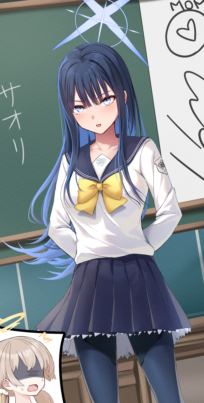 2girls arms_behind_back black_hair black_pantyhose black_sailor_collar black_skirt blue_archive blue_eyes blue_hair blue_halo blush chalkboard classroom collarbone colored_inner_hair halo hifumi_(blue_archive) highres indoors light_brown_hair long_hair long_sleeves low_twintails merxkialis multicolored_hair multiple_girls open_mouth pantyhose pleated_skirt sailor_collar saori_(blue_archive) school_uniform serafuku skirt twintails yellow_halo