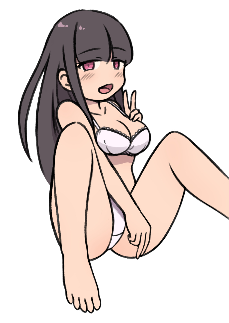 1girl :3 barefoot black_hair blush bra breasts cleavage collarbone crotch_seam hand_on_own_chest kai_ooo1 lace lace-trimmed_bra lace_trim looking_at_viewer medium_breasts navel open_mouth original panties pink_eyes sitting sketch smile underwear v white_background white_bra white_panties