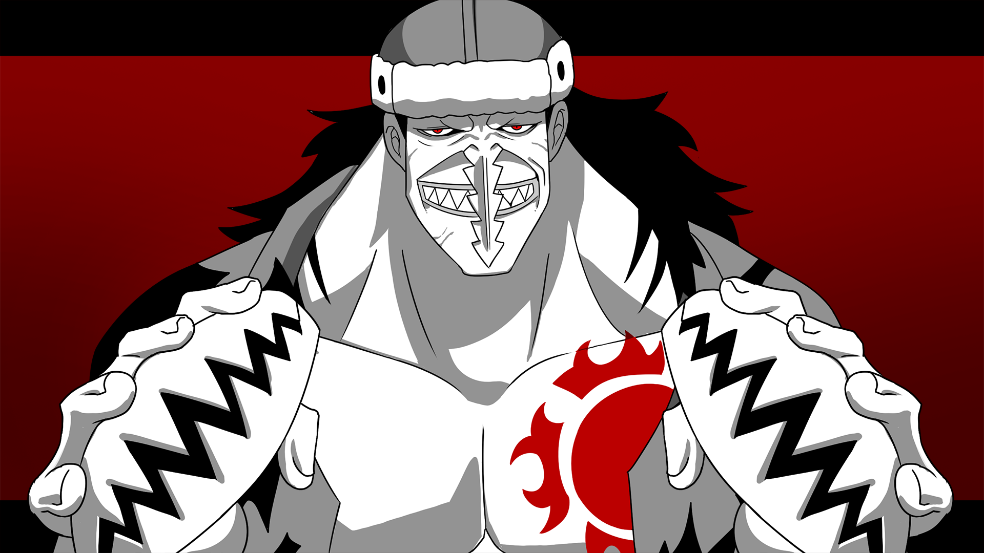 1boy arlong chest_tattoo coat collarbone drunkoak furrowed_brow gradient_background half-closed_eyes hands_up hat highres holding long_hair long_nose looking_at_viewer male_focus monochrome muscular muscular_male one_piece open_clothes open_coat pectorals red_background red_eyes sharp_teeth simple_background solo standing straight-on tattoo teeth upper_body
