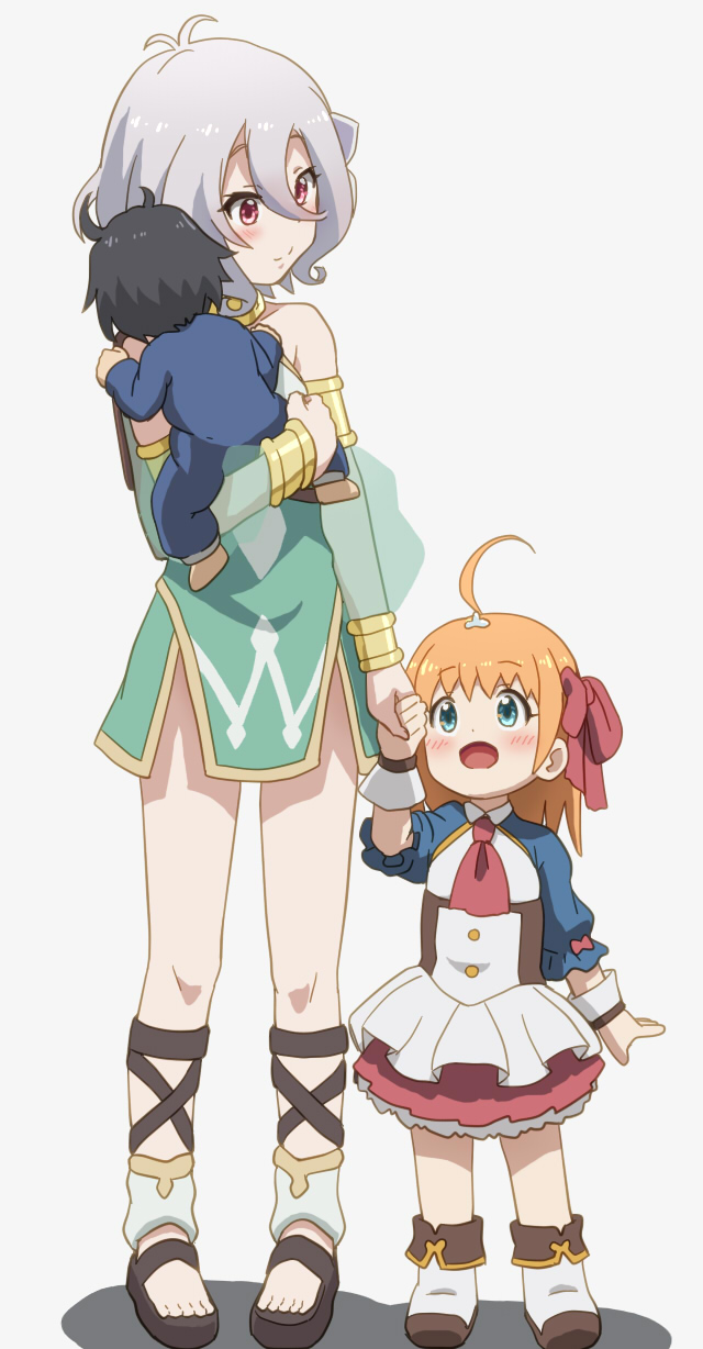 1boy 2girls age_regression aged_down ahoge awa black_hair full_body highres kokkoro_(princess_connect!) multiple_girls orange_hair pecorine_(princess_connect!) princess_connect! simple_background white_background white_hair yuuki_(princess_connect!)
