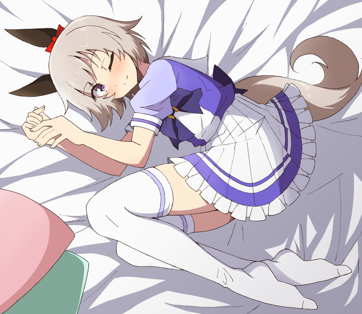 1girl ;) animal_ears back_bow blush bow bowtie curren_chan_(umamusume) ear_bow ear_covers from_above full_body grey_hair horse_ears horse_girl horse_tail horseshoe_ornament large_bow looking_at_viewer lying nel-c no_shoes on_side one_eye_closed pillow pleated_skirt puffy_short_sleeves puffy_sleeves purple_bow purple_bowtie purple_eyes purple_serafuku purple_shirt red_bow sailor_collar sailor_shirt school_uniform serafuku shirt short_hair short_sleeves skirt smile solo summer_uniform tail thighhighs tracen_school_uniform umamusume white_skirt white_thighhighs