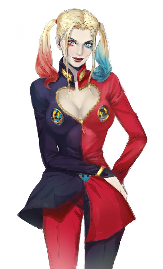 1girl blonde_hair breasts bussiarati cleavage colored_tips cosplay crossover dc_comics giorno_giovanna giorno_giovanna_(cosplay) harley_quinn jojo_no_kimyou_na_bouken lipstick makeup multicolored_hair open_clothes solo suicide_squad twintails