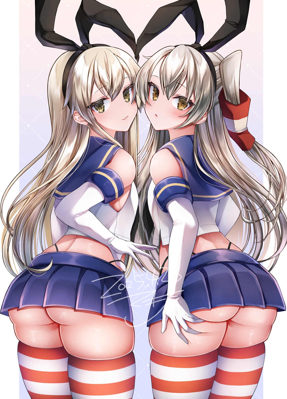 2girls amatsukaze_(kancolle) ass black_panties blonde_hair blue_skirt blush brown_eyes commentary_request cosplay crop_top dress elbow_gloves gloves grey_hair hair_tubes hairband highleg highleg_panties highres horizontal-striped_thighhighs kantai_collection long_hair looking_at_viewer looking_back makina00 microskirt multiple_girls open_mouth panties sailor_collar sailor_dress school_uniform serafuku shimakaze_(kancolle) shimakaze_(kancolle)_(cosplay) simple_background skirt striped_clothes striped_thighhighs thighhighs thong two_side_up underwear white_gloves