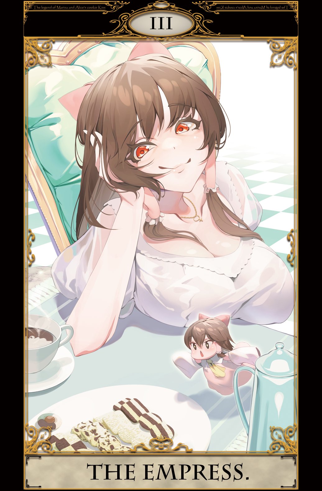 2girls ascot beji-kun bow breasts brown_hair card_(medium) checkerboard_cookie cleavage closed_mouth commentary_request cookie cookie_(touhou) cup daikon dress food frilled_tube_top frills hair_bow hakurei_reimu hand_on_own_head head_rest highres large_breasts long_hair multiple_girls open_mouth orange_eyes pink_bow pink_dress plate radish red_eyes reu_(cookie) roman_numeral sakenomi_(cookie) shirt short_hair sidelocks smile strapless table tarot tarot_(medium) tea teacup teapot the_empress_(tarot) touhou tube_top upper_body white_shirt yellow_ascot