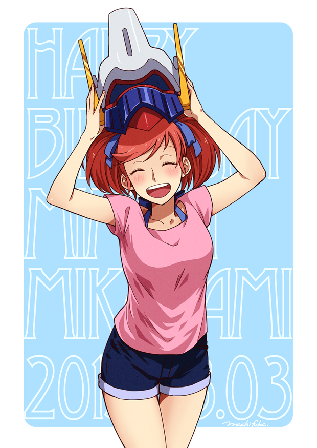10s 1girl :d ^_^ blue_background blush character_name closed_eyes dated denim denim_shorts female_focus hair_ribbon happy_birthday helmet machi_fuka mikagami_mimika open_mouth red_hair ribbon short_hair short_twintails shorts smile solo soukyuu_no_fafner twintails unworn_headwear unworn_helmet