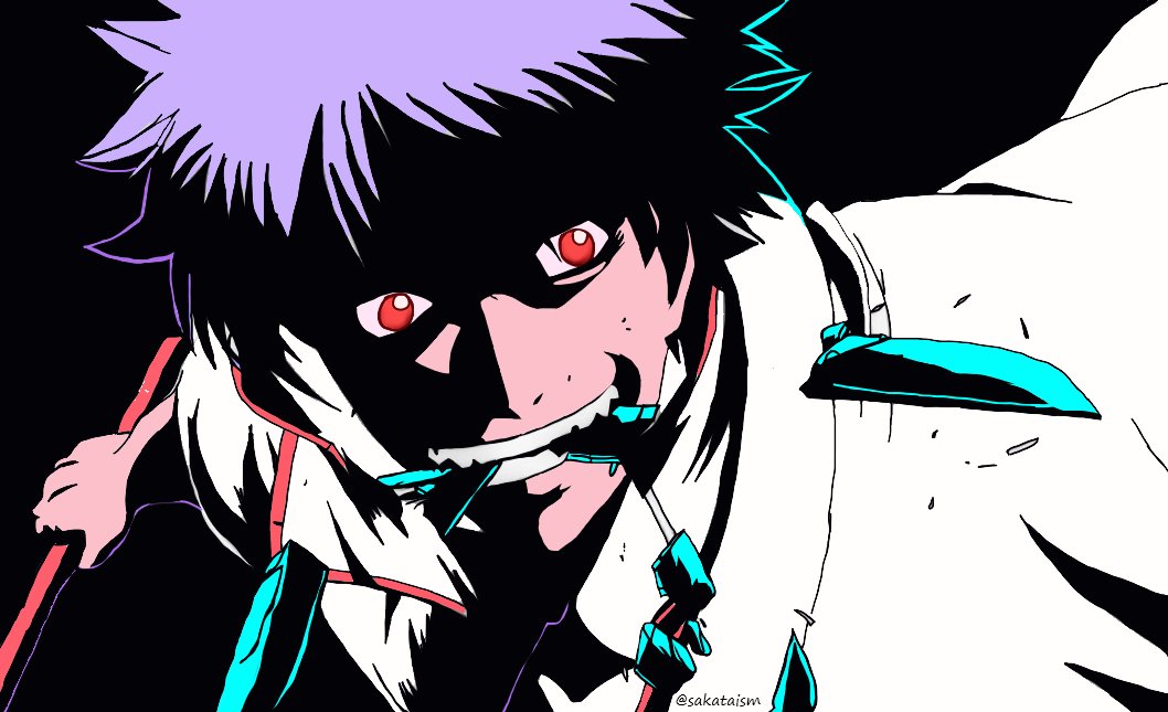 1boy angry black_background blue_hair bokken broken broken_sword broken_weapon gintama holding holding_weapon japanese_clothes katana kimono red_eyes sakata_gintoki sakataism shirt smile sword sword_in_mouth teeth weapon white_kimono white_shirt wooden_sword