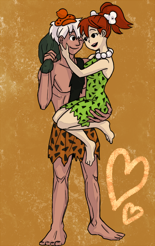 1boy 1girl bare_arms bare_legs barefoot bone_hair_ornament club_(weapon) couple dress eye_contact green_dress hair_ornament happy heart high_ponytail hug jewelry looking_at_another necklace one_eye_closed orange_headwear pebbles_flintstone ponytail red_hair simple_background smile the_flintstones white_hair wink