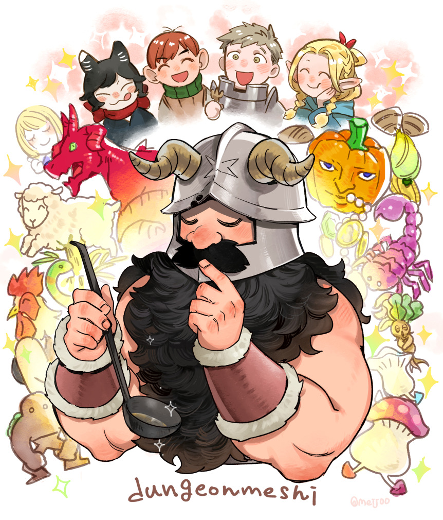 animal_ears armor basilisk beard black_hair blonde_hair cat_ears cat_girl chilchuck_tims copyright_name dragon dungeon_meshi dwarf elf facial_hair fake_horns falin_touden falin_touden_(tallman) golem green_scarf grey_hair halfling helmet horned_helmet horns izutsumi laios_touden long_beard mandrake marcille_donato meij_(meij00) monster pointy_ears pumpkin red_dragon_(dungeon_meshi) red_scarf scarf scorpion senshi_(dungeon_meshi) sheep very_long_beard walking_mushroom_(dungeon_meshi)