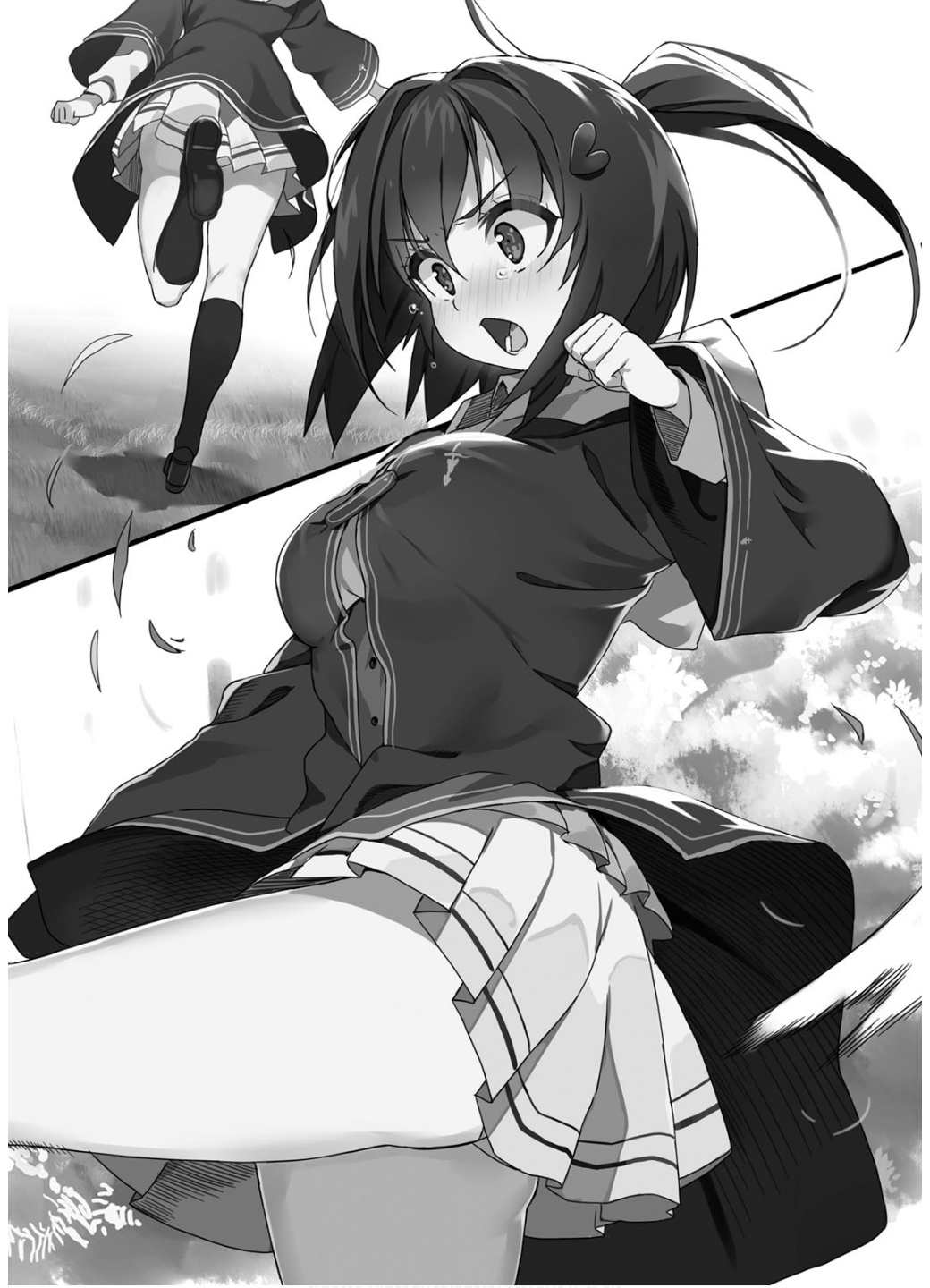ahoge angry black_hair breasts bursting_breasts buta_koushaku highres large_breasts monochrome nauribon non-web_source open_mouth ponytail robe school_uniform short_hair short_ponytail skirt tearing_up tina(buta_koushaku)