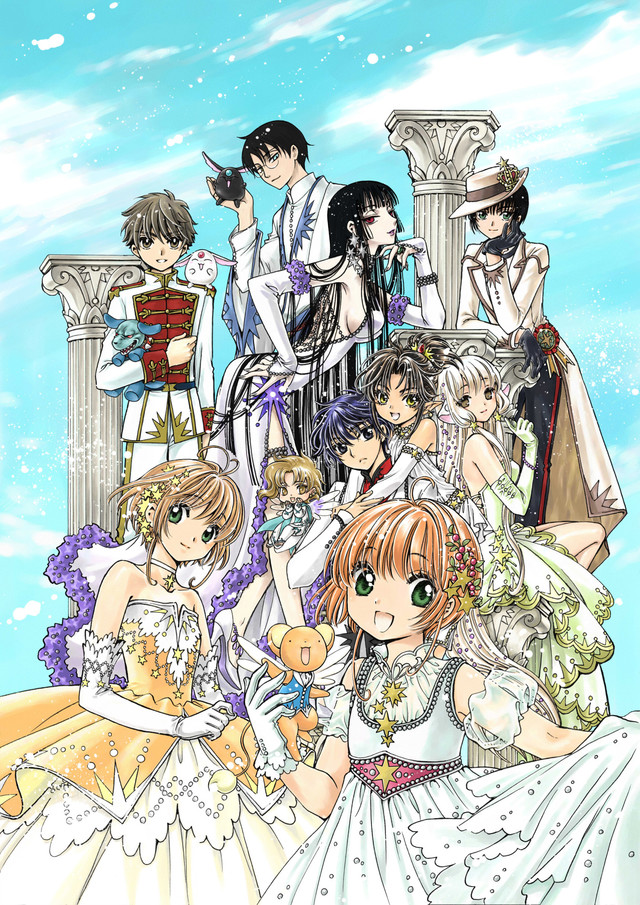 2others 4boys 4girls :d angel_wings ashura_(rg_veda) black_gloves black_hair blonde_hair blue_eyes blue_sky breasts brown_eyes brown_hair cardcaptor_sakura chii chobits choker clamp_(circle) creator_connection dress glasses gloves green_eyes hair_ornament hat head_rest ichihara_yuuko ioryogi kero_(cardcaptor_sakura) kinomoto_sakura kobato. kohaku_(wish) li_xiaolang magic_knight_rayearth mokona multiple_boys multiple_girls multiple_others official_art open_mouth pillar pointy_ears red_eyes rg_veda robot_ears sakura_hime shirou_kamui sideboob sky smile star_(symbol) star_hair_ornament sumeragi_subaru tokyo_babylon tsubasa_chronicle watanuki_kimihiro white_dress white_gloves wings wish x_(manga) xxxholic yellow_eyes