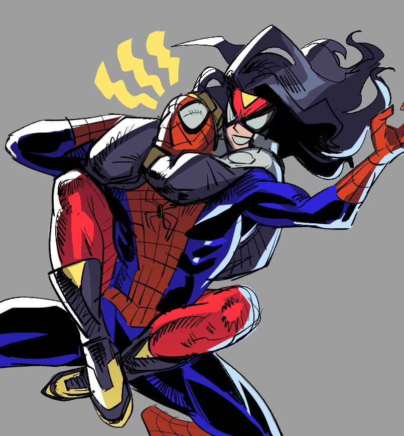 1boy 1girl animal_print black_hair blue_bodysuit bodysuit diepod electricity grapple headlock jacket jessica_drew long_hair marvel mask peter_parker red_bodysuit spider-man spider-man_(series) spider-woman spider_print spider_web_print spiked_jacket superhero_costume two-tone_bodysuit wrestling