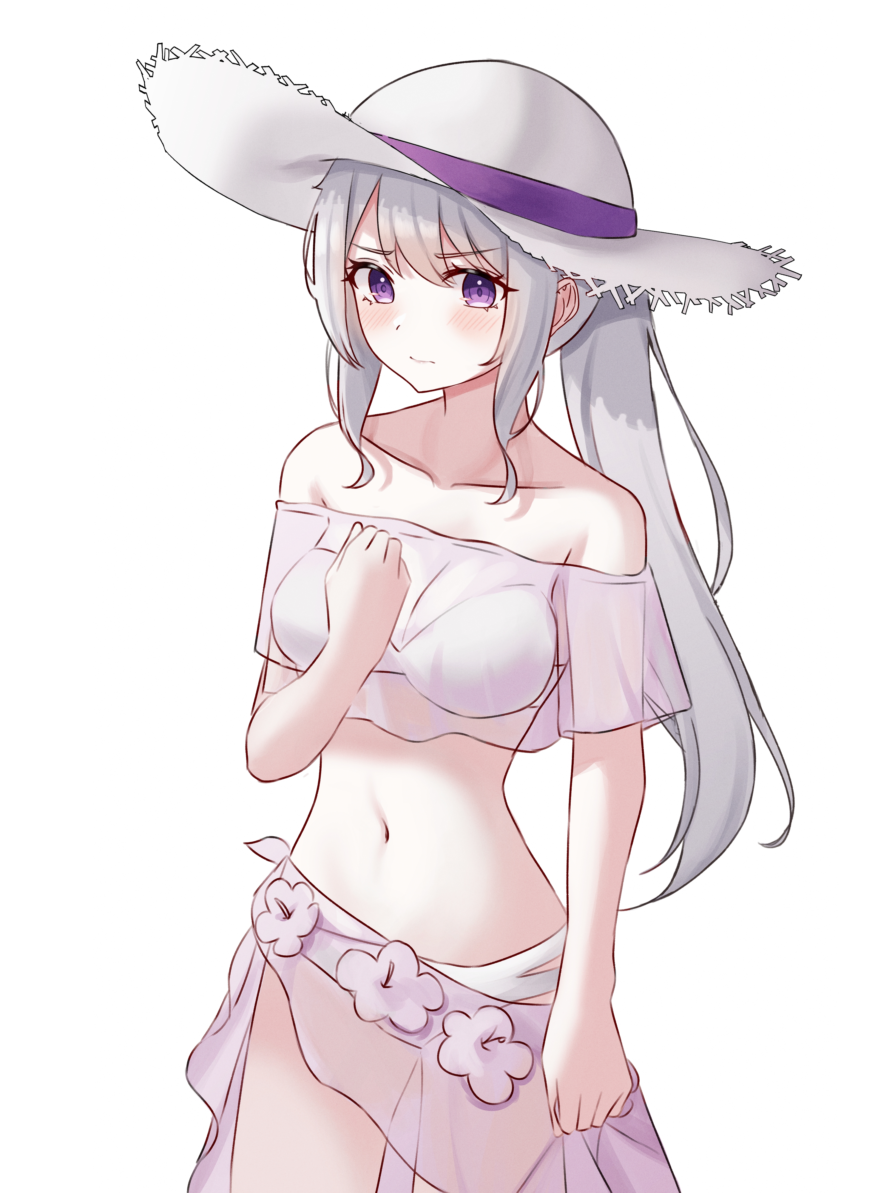1girl arm_at_side bare_shoulders bikini blush breasts cleavage closed_mouth collarbone cowboy_shot embarrassed flower grey_hair hair_between_eyes hand_on_own_chest hand_up hat hat_ribbon kano_(wi3028) long_hair looking_at_viewer medium_breasts multi-strapped_bikini_bottom navel off-shoulder_bikini off_shoulder original ponytail purple_eyes purple_flower purple_sarong ribbon sarong see-through_clothes see-through_sarong short_sleeves sidelocks simple_background solo standing sun_hat swept_bangs swimsuit v-shaped_eyebrows white_background white_bikini white_hat