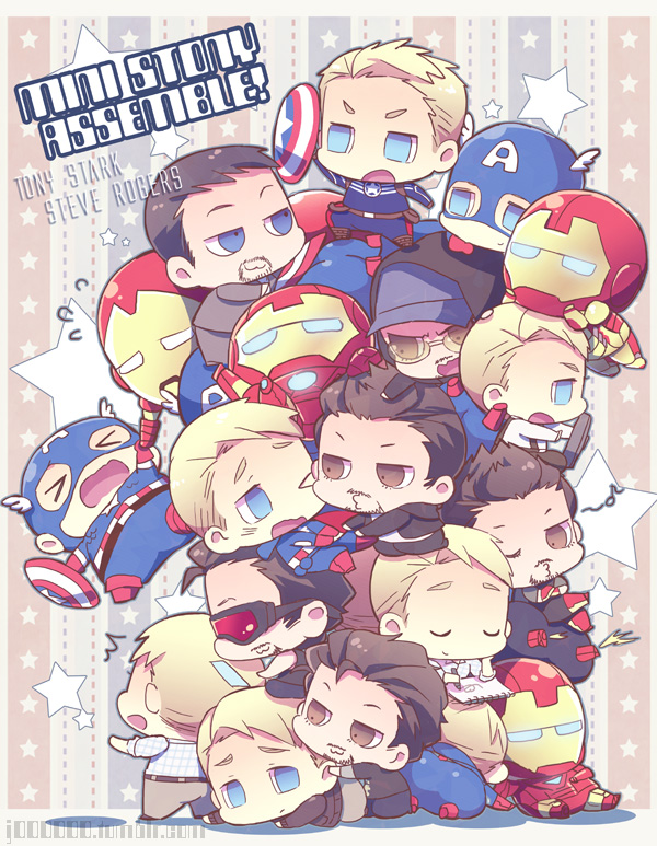 &gt;_&lt; 6+boys :3 ^^^ animification arc_reactor armor avengers_(series) back bare_shoulders belt black-framed_eyewear black_hair black_hat black_hoodie black_pants black_shirt black_shoes black_tank_top blonde_hair blue_bodysuit blue_eyes bodysuit boots brown_belt brown_eyes brown_hair brown_jacket captain_america character_name checkered_clothes checkered_shirt chibi closed_eyes closed_mouth collared_shirt commentary_request crayon english_text facial_hair flying_sweatdrops formal_clothes full_armor full_body glasses gloves goggles grey_jacket grey_pants hat helmet holding holding_crayon holding_shield holographic_interface hood hoodie iron_man jacket jo_(artist) long_sleeves looking_at_another lying marvel marvel_cinematic_universe multicolored_armor multiple_boys multiple_persona musical_note note on_stomach one_eye_closed open_clothes open_jacket open_mouth pants power_armor red-tinted_eyewear red_armor red_boots red_gloves shadow shield shirt shoes short_hair sitting smile standing star_(symbol) star_print star_symbol_background steve_rogers striped_background suit suit_jacket superhero_costume suspenders tank_top tinted_eyewear tony_stark v-shaped_eyebrows visor_cap white_shirt yellow_armor