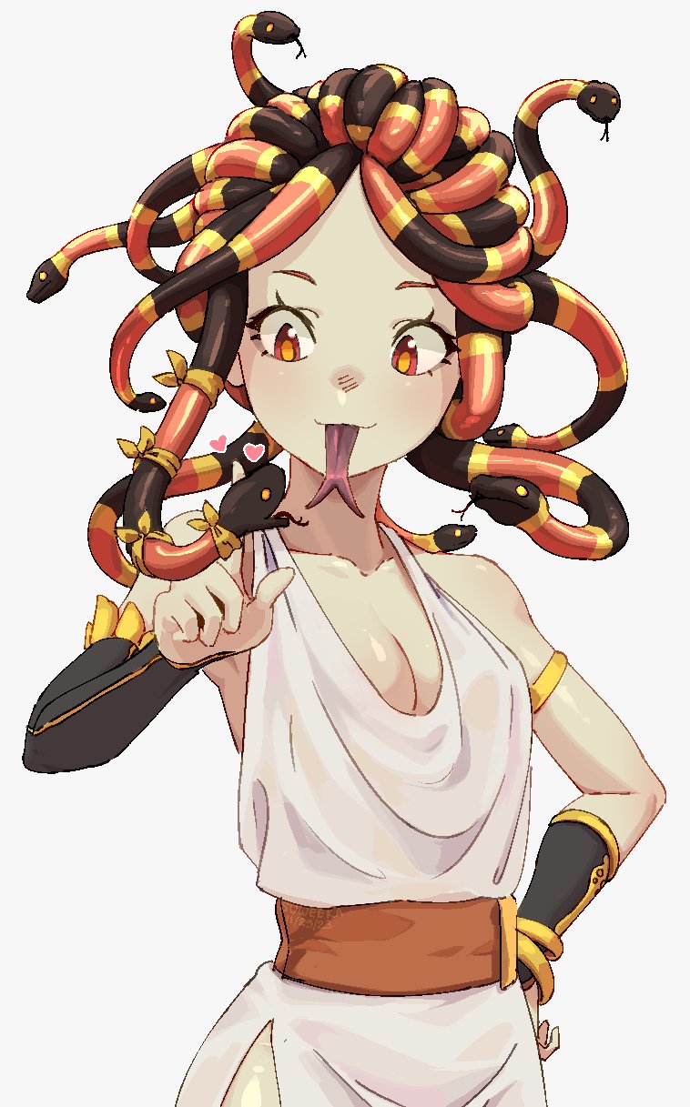 1girl ancient_greek_clothes breasts cleavage commentary english_commentary forked_tongue gauntlets greco-roman_clothes highres medium_breasts original red_eyes ribbon snake snake_hair solo suweeka tongue white_background yellow_pupils yellow_ribbon