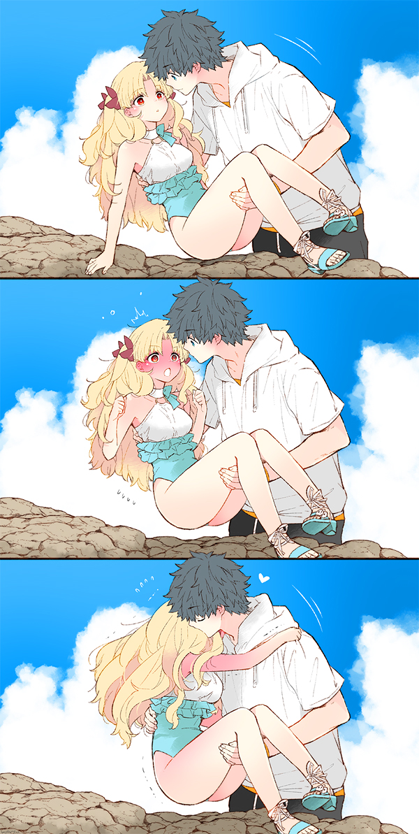 1boy 1girl azumi_(myameco) black_hair blonde_hair blue_sky carrying cloud day ereshkigal_(fate) fate/grand_order fate_(series) fujimaru_ritsuka_(male) fujimaru_ritsuka_(male)_(summer_street) high_heel_sandals jacket legs long_hair one-piece_swimsuit outdoors princess_carry sandals short_hair sky space_ereshkigal_(fate) space_ereshkigal_(first_ascension)_(fate) swimsuit thighs white_jacket