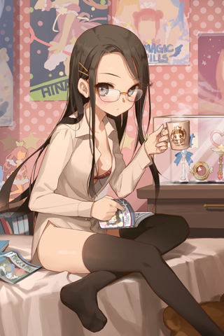 1girl bed black_hair black_thighhighs book bra collarbone crossed_legs cup dress_shirt expressionless female_focus glasses green_eyes hair_ornament hairpin heart holding layna_scentriver lingerie long_hair looking_at_viewer lowres nearly_naked_shirt no_pants no_shoes on_bed open_book parted_bangs pink_hair polka_dot poster_(medium) poster_(object) red_hair salt_(salty) shirt sitting solo stuffed_animal stuffed_toy sword_girls teddy_bear thighhighs underwear wand