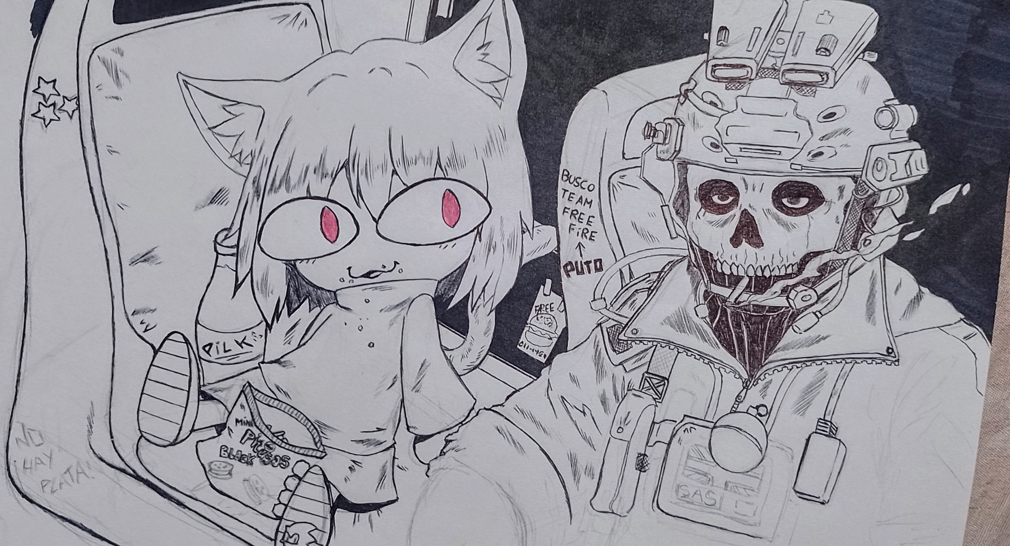 1boy 1girl absurdres animal_ears arm_support call_of_duty call_of_duty:_modern_warfare_2 cat_ears cat_girl cat_tail chasa1990 cigarette combat_helmet crossover eating explosive eye_mask ghost_(modern_warfare_2) grenade grey_scales helmet highres jacket leaning_back looking_afar looking_at_another looking_to_the_side mask military military_uniform monochrome neco-arc open_mouth shoes sitting skirt skull_mask smoking sneakers spanish_text sweater tail traditional_media translated tsukihime upper_body