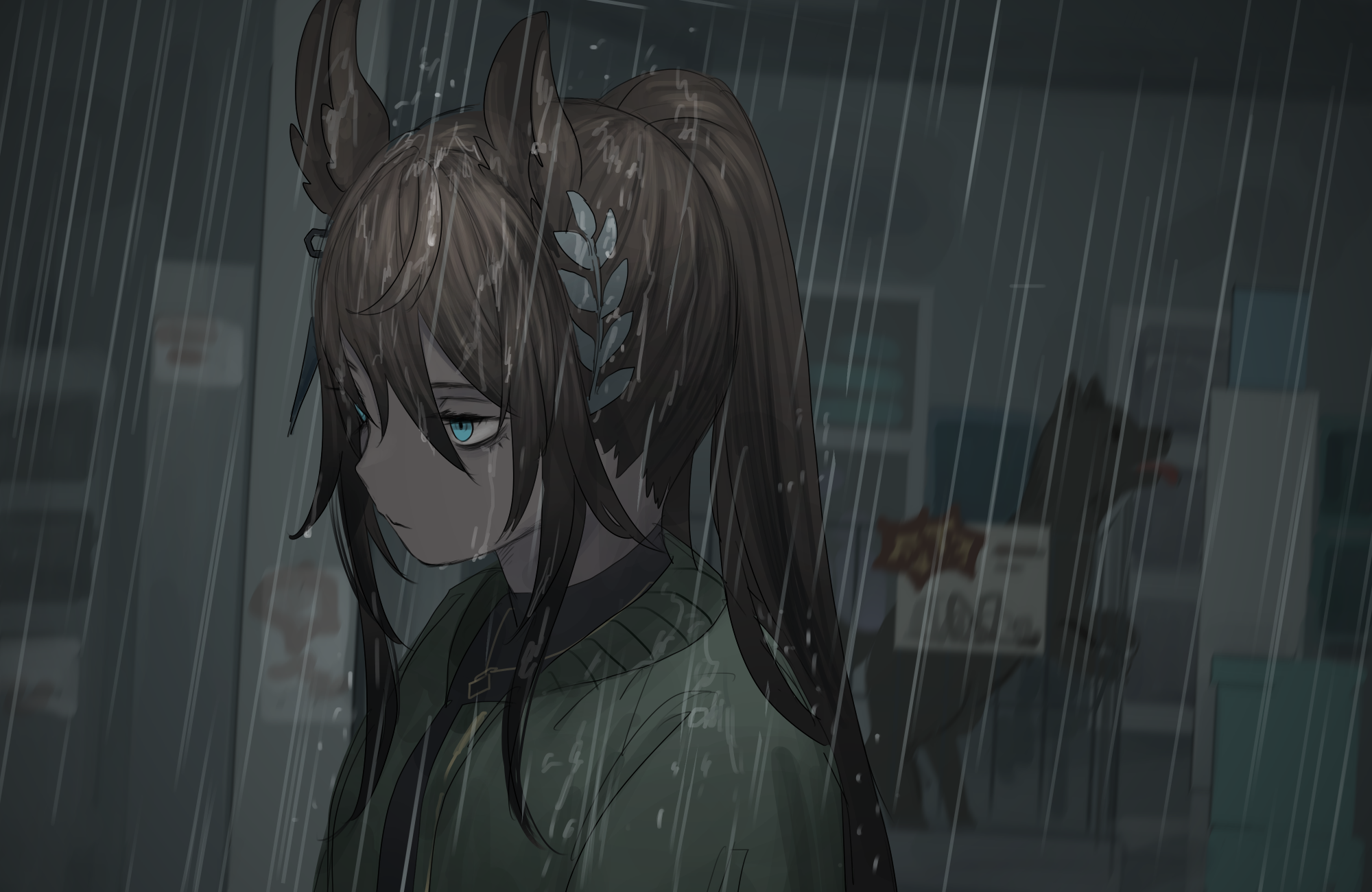 1girl animal_ears aqua_eyes black_hair black_shirt blue_eyes brown_hair closed_mouth collared_shirt earrings green_jacket hair_between_eyes hair_ornament highres horse_ears horse_girl jacket jewelry long_hair necktie ponytail rain shirt single_earring solo symboli_kris_s_(umamusume) tensen_(dotted_line) umamusume upper_body wet