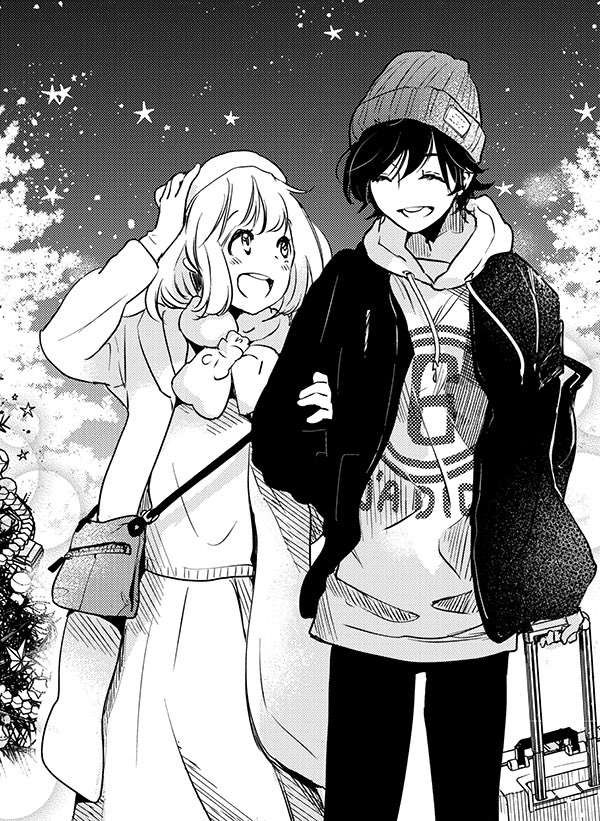 2girls asagao_to_kase-san bag beanie casual commentary greyscale happy hat jacket kase_tomoka looking_at_another monochrome multiple_girls official_art pants rolling_suitcase scarf shoulder_bag skirt smile suitcase takashima_hiromi winter winter_clothes yamada_yui yuri