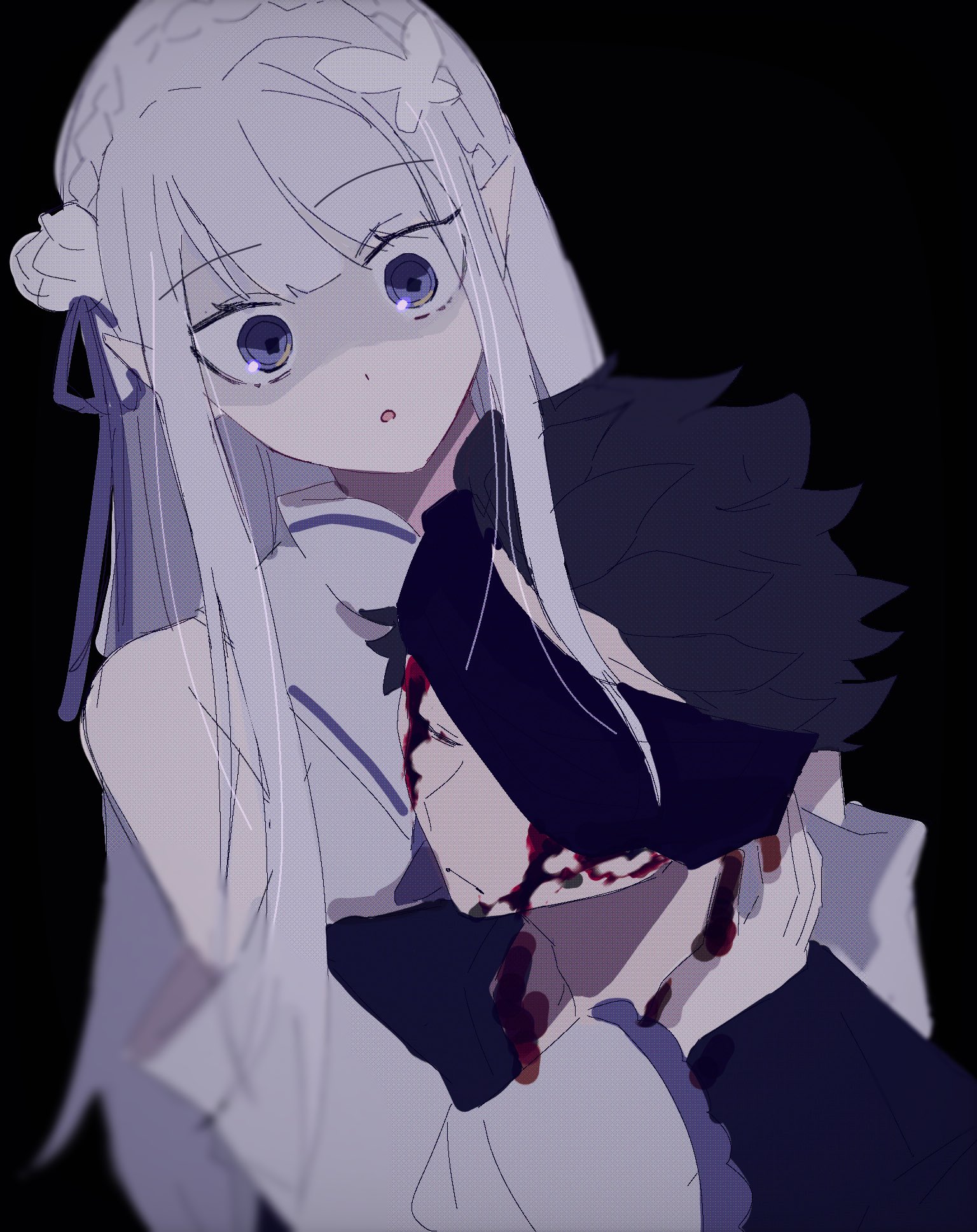 1boy 1girl bandages bandages_over_eyes black_hair blood half-elf highres natsuki_subaru purple_eyes re:zero_kara_hajimeru_isekai_seikatsu satella_(re:zero) tagme white_hair