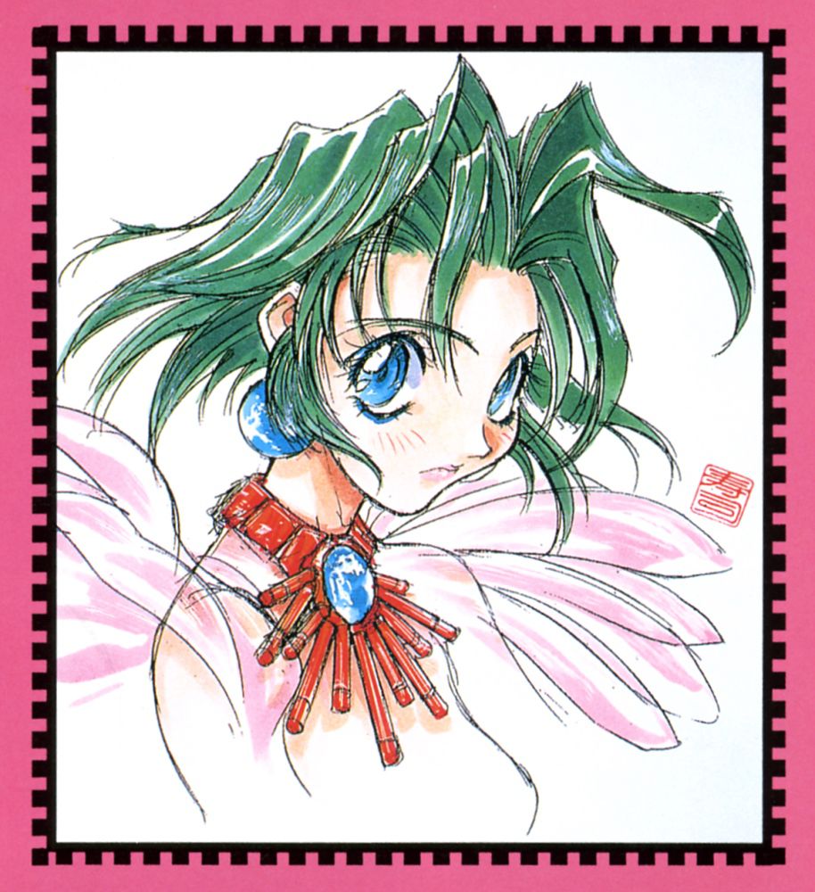 1990s_(style) 1girl blue_eyes border earrings ellis_(toushinden) expressionless green_hair jewelry kotobuki_tsukasa necklace non-web_source official_art pink_border portrait retro_artstyle short_hair sketch solo toushinden upper_body