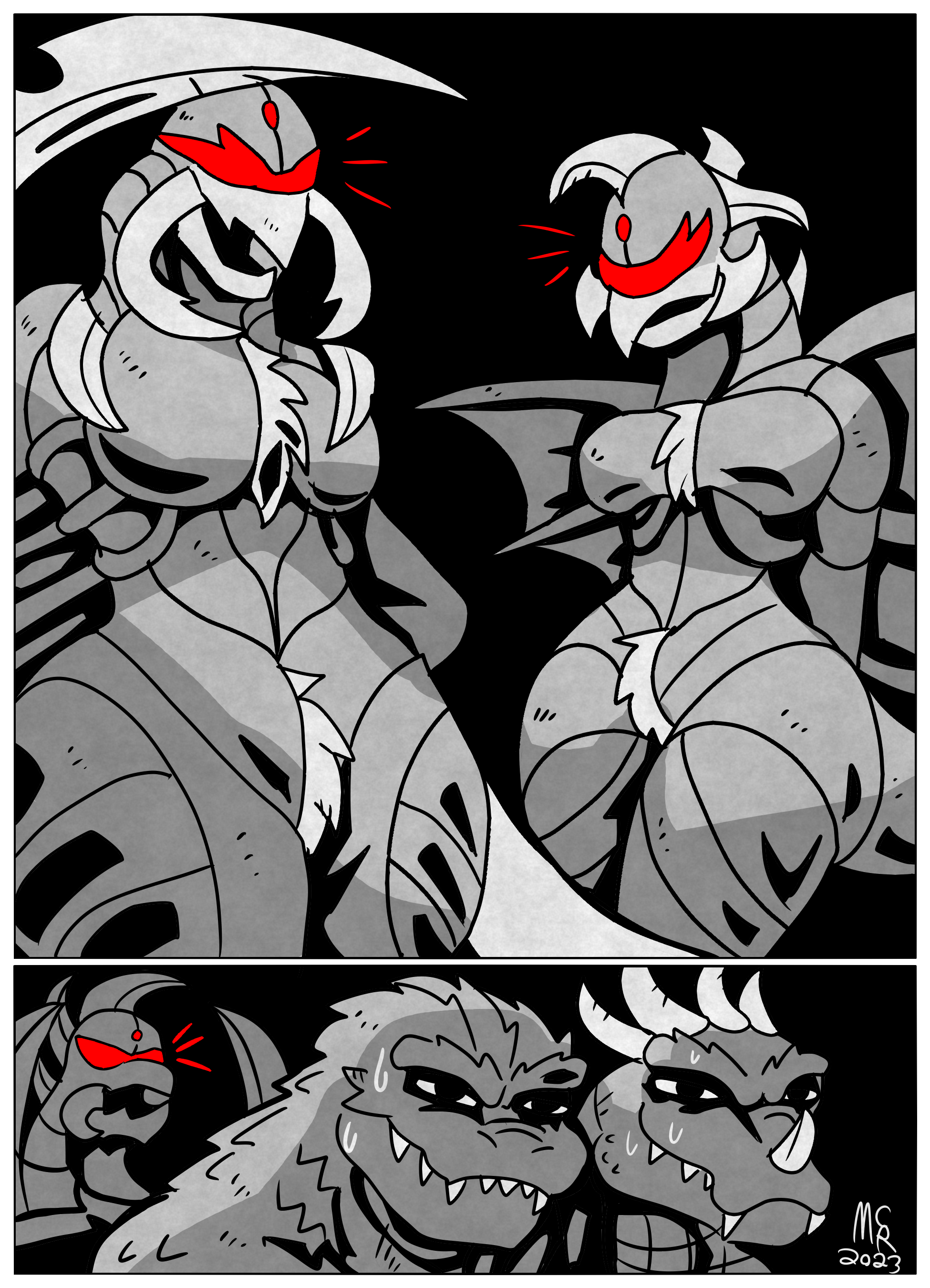 absurdres alien anguirus breasts brother_and_sister buzzsaw_(tool) cyborg family fins gigan godziban godzilla godzilla_(series) godzilla_vs._gigan highres horns kaiju lady_gigana mandibles monster mother_and_daughter mother_and_son mother_gigarian multiple_boys multiple_girls no_humans older_sister open_mouth rochasaurus_rex scythe sharp_teeth siblings spikes sweat teeth toho weapon wide_hips