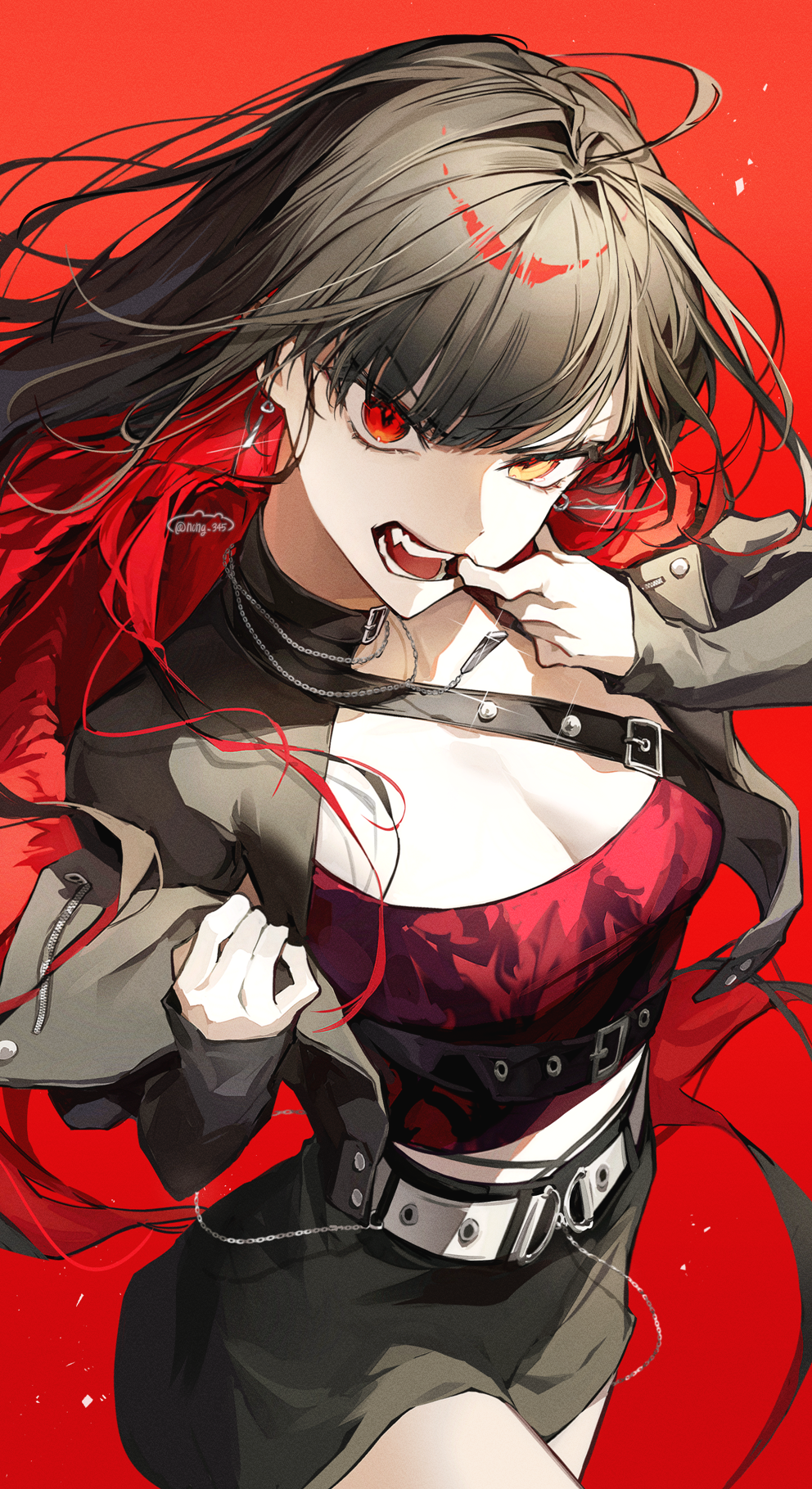 1girl belt black_hair black_jacket black_skirt breasts cleavage colored_inner_hair commentary_request crop_top earrings fang finger_in_own_mouth glaring glint heterochromia highres jacket jewelry looking_at_viewer medium_breasts multicolored_hair nong_345 official_alternate_costume official_alternate_hairstyle open_mouth project_sekai red_background red_eyes red_hair red_shirt shiraishi_an shirt signature simple_background skirt solo whip_the_wimp_girl!!_(project_sekai) white_belt yellow_eyes