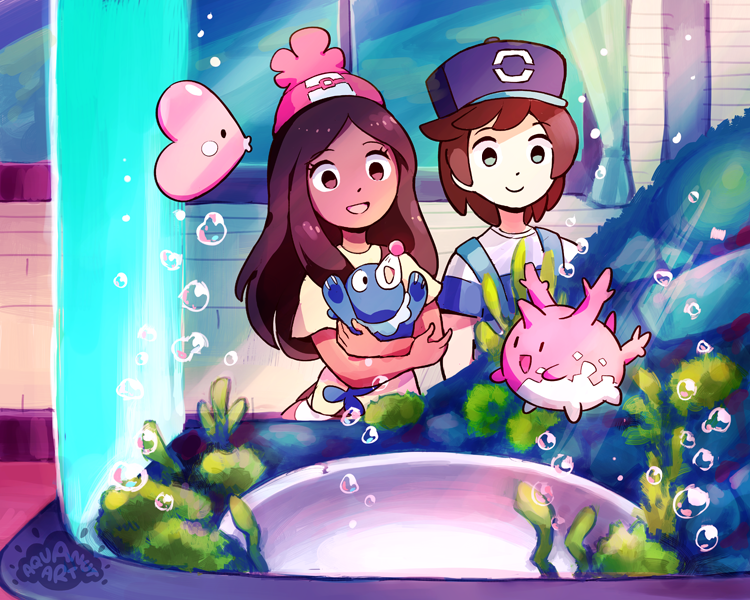 1boy 1girl air_bubble aquanut beanie brown_eyes brown_hair bubble closed_mouth commentary_request corsola elio_(pokemon) eyelashes fish_tank game_freak gen_2_pokemon gen_3_pokemon gen_7_pokemon hat holding holding_pokemon long_hair looking_down luvdisc nintendo open_mouth pink_hat pokemon pokemon_(creature) pokemon_sm popplio selene_(pokemon) shirt short_sleeves smile striped_clothes striped_shirt t-shirt yellow_shirt