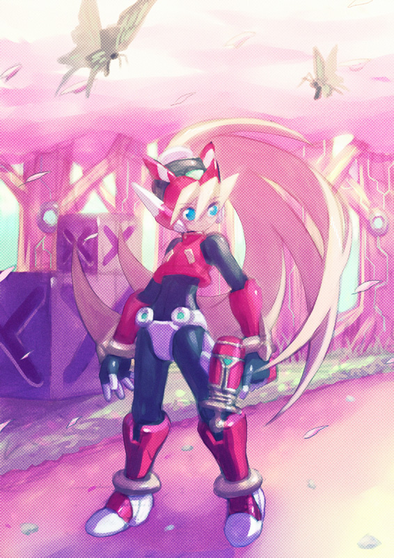 1girl blonde_hair bodysuit bug capcom ciel_(mega_man) female_focus go! green_eyes gun helmet mega_man_(series) mega_man_zero_(series) solo weapon