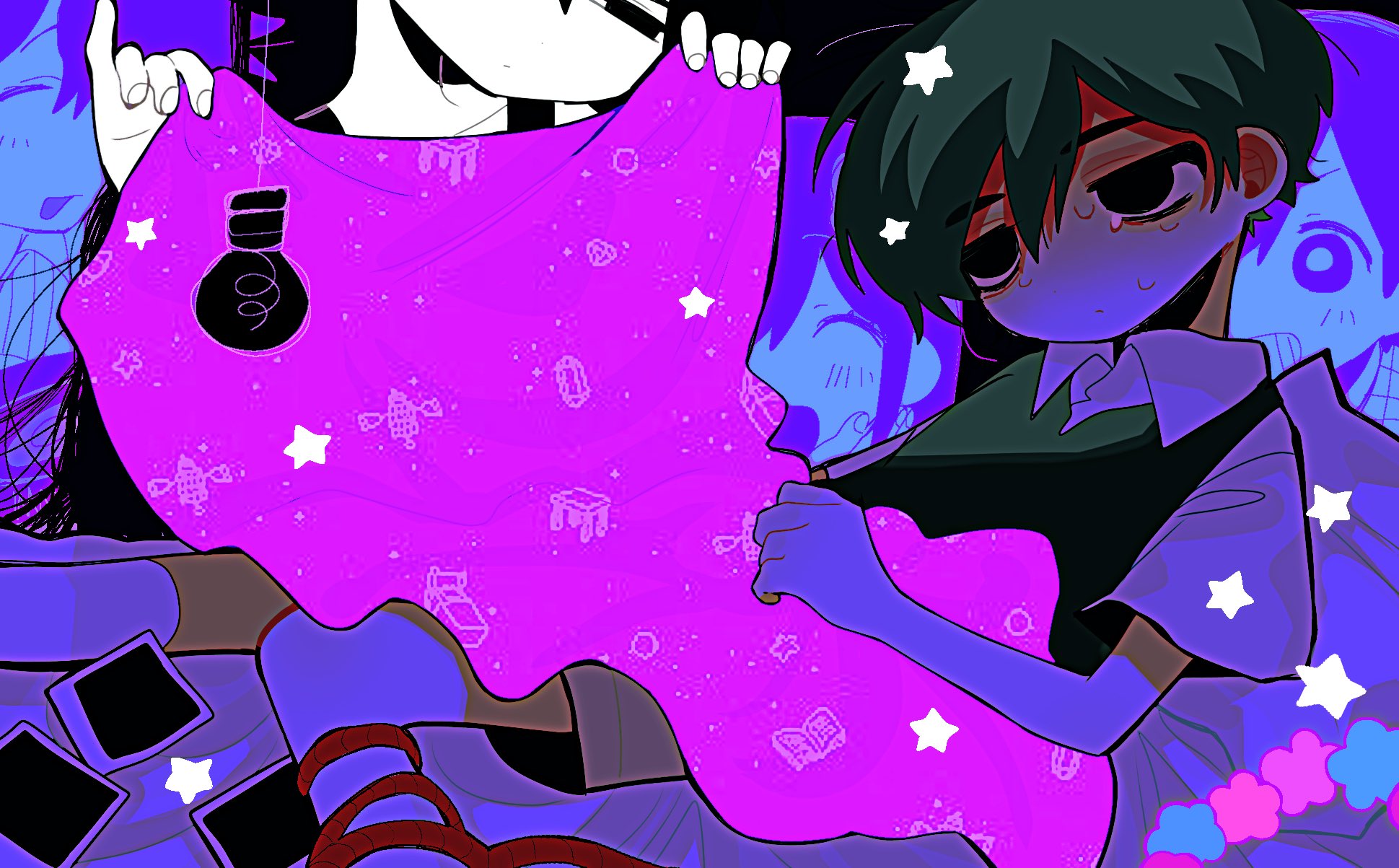 1girl 4boys aubrey_(headspace)_(omori) aubrey_(omori) black_sweater_vest blanket blush bright_pupils brown_shorts closed_eyes closed_mouth collared_shirt colored_skin grin hero_(headspace)_(omori) hero_(omori) highres holding holding_blanket kel_(headspace)_(omori) kel_(omori) kobanzame_omo light_bulb long_hair looking_at_another multiple_boys omori omori_(omori) open_mouth parted_lips photo_(object) purple_eyes purple_hair rope shirt short_hair short_sleeves shorts smile sunny_(omori) sweat sweater_vest teeth white_pupils white_shirt white_skin
