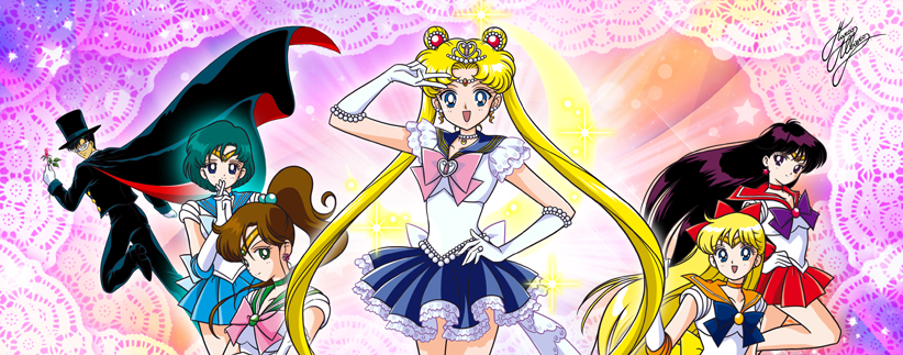 1boy 5girls aino_minako anime_coloring artist_name bishoujo_senshi_sailor_moon blonde_hair blue_bow blue_sailor_collar blue_skirt bow brooch cape chiba_mamoru cowboy_shot doily domino_mask elbow_gloves frills gem gloves gradient_background hand_on_own_hip heart heart_brooch hino_rei inner_senshi jewelry kino_makoto magical_boy marco_albiero mask mizuno_ami multiple_girls necklace official_style pearl_(gemstone) pearl_necklace pink_bow pretty_guardian_sailor_moon princess_sailor_moon red_bow sailor_collar sailor_mars sailor_mercury sailor_moon sailor_senshi sailor_venus signature skirt tiara tsukino_usagi tuxedo_kamen twintails v white_gloves