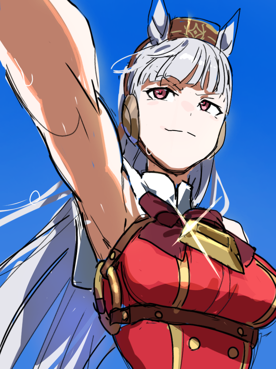 1girl animal_ears armband armpits bare_shoulders blue_background blunt_bangs blush bow breasts brown_headwear buttons closed_mouth commentary_request double-breasted dress ear_bow gloves gold_ship_(umamusume) grey_hair grin highres hime_cut horse_ears horse_girl koppe_koppe large_breasts long_hair looking_at_viewer no_headwear pillbox_hat purple_bow purple_eyes red_dress simple_background sleeveless sleeveless_dress smile solo twitter_username umamusume upper_body white_gloves