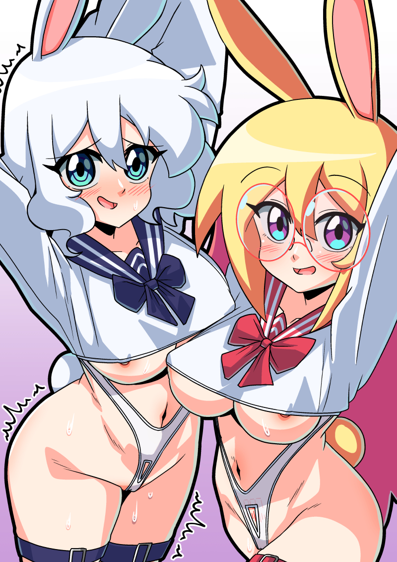 2girls acefish ami_(acefish) arms_up blonde_hair blue_eyes blue_ribbon blush breasts cameltoe covered_erect_nipples crop_top extreme_crop_top glasses hair_between_eyes happy large_breasts long_hair mary_(acefish) motion_lines multicolored_eyes multicolored_hair multiple_girls navel nervous nervous_smile nipple_slip nipples open_mouth original pink_eyes pink_hair rabbit_ears rabbit_girl rabbit_tail red_ribbon revealing_clothes ribbon round_eyewear school_uniform serafuku simple_background smile sweat thigh_strap thighs white_hair