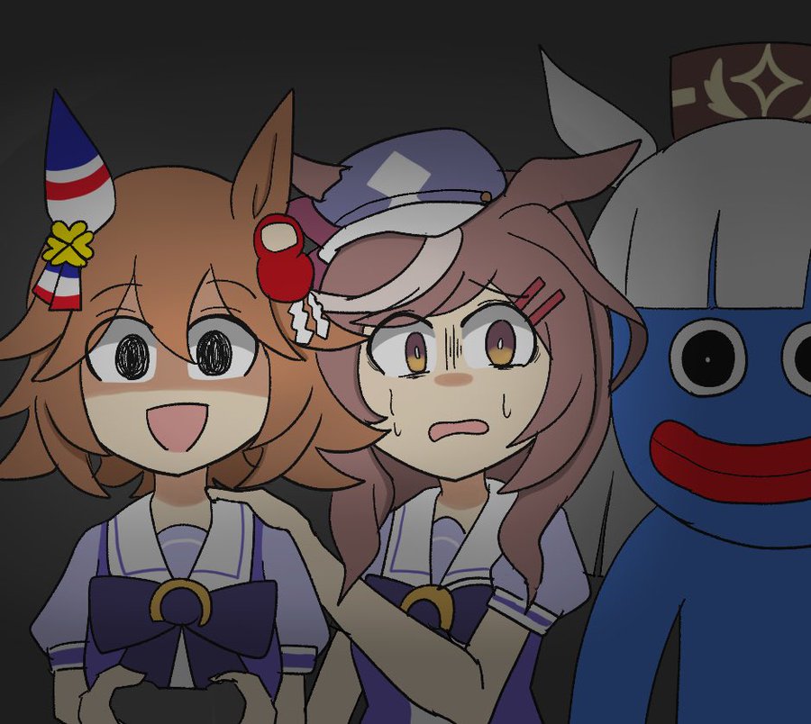 cosplay gold_ship_(umamusume) huggy_wuggy huggy_wuggy_(cosplay) matikane_tannhauser_(umamusume) matikanefukukitaru_(umamusume) pakatube poppy_playtime scared tracen_school_uniform umamusume