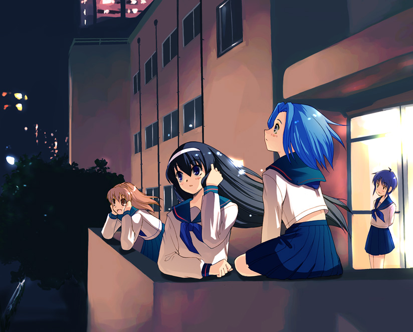 00s 4girls balcony hair_between_eyes matsuzaki_yutaka misawa_hanei multiple_girls night school_uniform seo_akira serafuku tohno_akiha tsukihime tsukihime_souka veranda