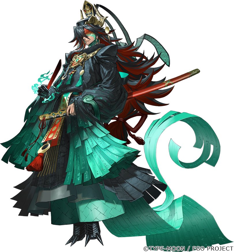 1boy black_hair black_shirt blindfold earrings fate/grand_order fate_(series) headpiece hoop_earrings jewelry long_hair male_focus multicolored_hair official_art ono_no_takamura_(fate) red_hair routo shirt sword weapon