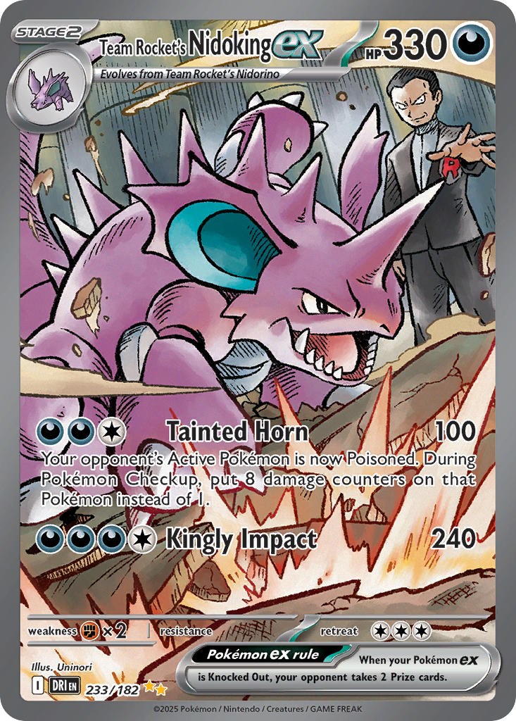 1boy artist_name black_hair black_jacket black_pants breast_pocket card_(medium) character_name claws closed_mouth company_name copyright_name copyright_notice debris english_text gen_1_pokemon giovanni_(pokemon) jacket long_sleeves lower_teeth_only nidoking nidorino nintendo official_art open_mouth outstretched_arm pants pocket pokemon pokemon_(creature) pokemon_card pokemon_frlg pokemon_tcg sharp_teeth short_hair smile spikes standing teeth third-party_source trading_card uninori v-shaped_eyes very_short_hair