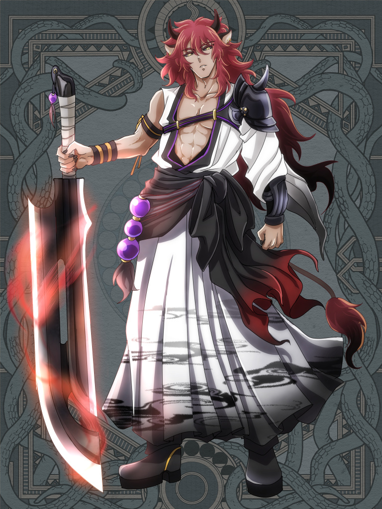abs animal_ears armor black_nails black_sclera blade colored_sclera cow_ears cow_tail dairoku_ryouhei dark-skinned_male dark_skin full_body grey_background holding holding_weapon horns long_hair male_focus messy_hair pectorals red_hair shoulder_armor standing tail toned toned_male tsubaki_pbwfa very_long_hair weapon wristband