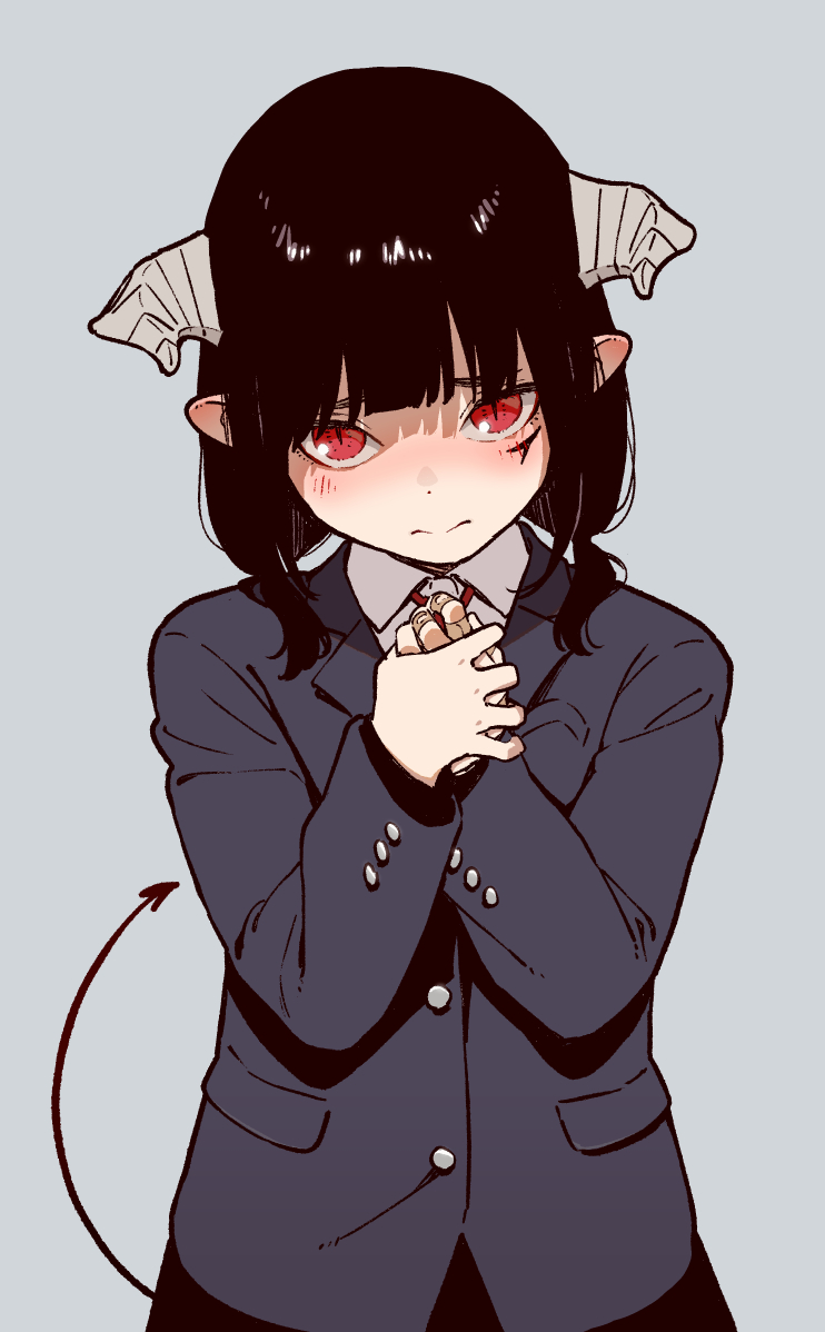 1girl aged_down bandaid bandaid_on_hand black_hair blue_cardigan blush cardigan closed_mouth demon_girl demon_horns demon_tail facial_mark grey_background hime-sama_&quot;goumon&quot;_no_jikan_desu hirakei horns long_hair looking_at_viewer low_twintails official_art own_hands_together pointy_ears red_eyes red_ribbon ribbon school_uniform shirt simple_background slit_pupils tail torture_tortura twintails upper_body white_shirt
