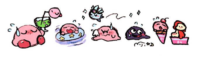 cherry drinking_straw flying flying_sweatdrops food fruit gooey_(kirby) green_liquid ice_cream_cone ice_kirby innertube kirby kirby_(series) niji2010 nintendo no_humans simple_background sweat sweatdrop swim_ring waddle_dee water white_background