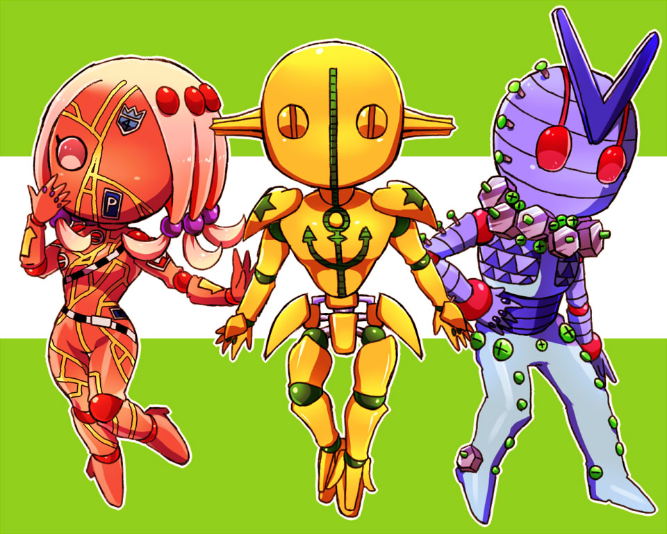 bolt_(hardware) hair_bobbles hair_ornament jojo_no_kimyou_na_bouken jojolion kamiura nut_king_call outline paisley_park_(stand) screw simple_background soft_&amp;_wet stand_(jojo)
