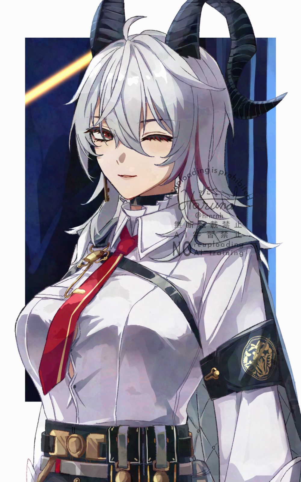 1girl armband black_armband black_choker black_eyes black_horns black_jacket button_gap chest_harness choker collared_shirt commentary_request curled_horns earrings grey_hair hair_between_eyes harness haruna_(hrnrnh) highres horns jacket jacket_on_shoulders jewelry key_earrings looking_at_viewer medium_hair mole mole_under_eye multicolored_eyes multicolored_hair necktie one_eye_closed parted_lips red_eyes red_necktie shirt smile solo streaked_hair two-tone_eyes upper_body white_shirt wuthering_waves zani_(wuthering_waves)