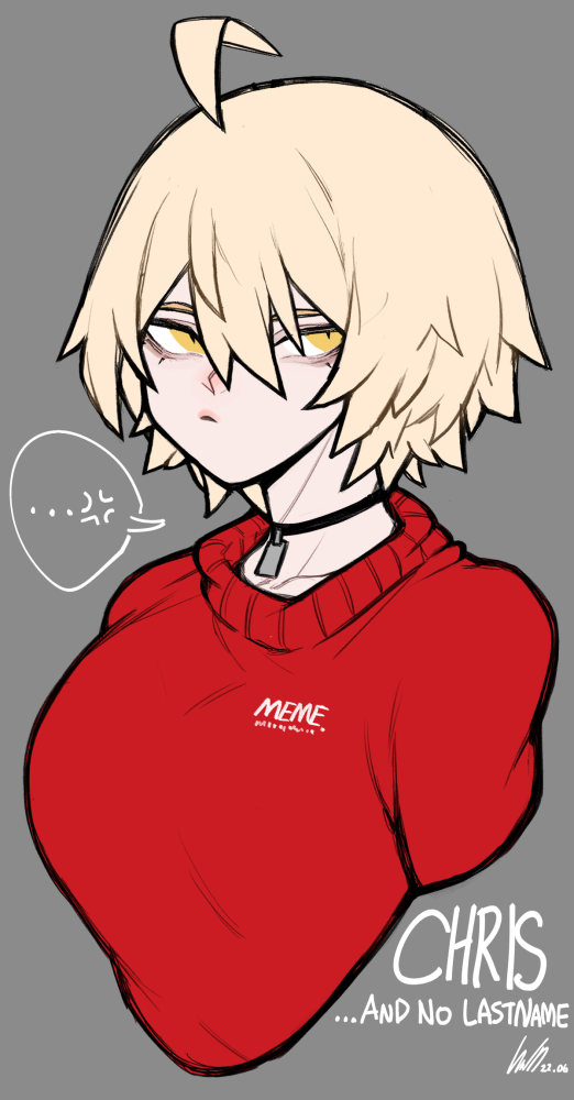 ... 1girl ahoge anger_vein bags_under_eyes black_choker blonde_hair character_name choker chris_(ginseng) collarbone commentary cropped_torso double-parted_bangs english_commentary english_text ginseng_(xin) grey_background hair_between_eyes looking_at_viewer original pouch red_sweater short_hair solo spoken_anger_vein spoken_ellipsis sweater yellow_eyes