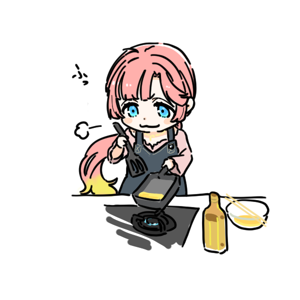 1girl :3 ahoge anyoji_hime apron black_apron blonde_hair blue_eyes blunt_bangs bowl closed_mouth commentary cooking cooking_oil food frying_pan glass_bowl gradient_hair holding holding_frying_pan kurusu_rin link!_like!_love_live! long_hair long_sleeves love_live! low_ponytail makiyakinabe multicolored_hair omelet pink_hair pink_shirt ponytail puff_of_air seeno_de!_hasu_no_sora! shinanoya_(satanicad) shirt sidelocks simple_background smile solo swept_bangs tamagoyaki v-shaped_eyebrows very_long_hair virtual_youtuber voice_actor_connection white_background