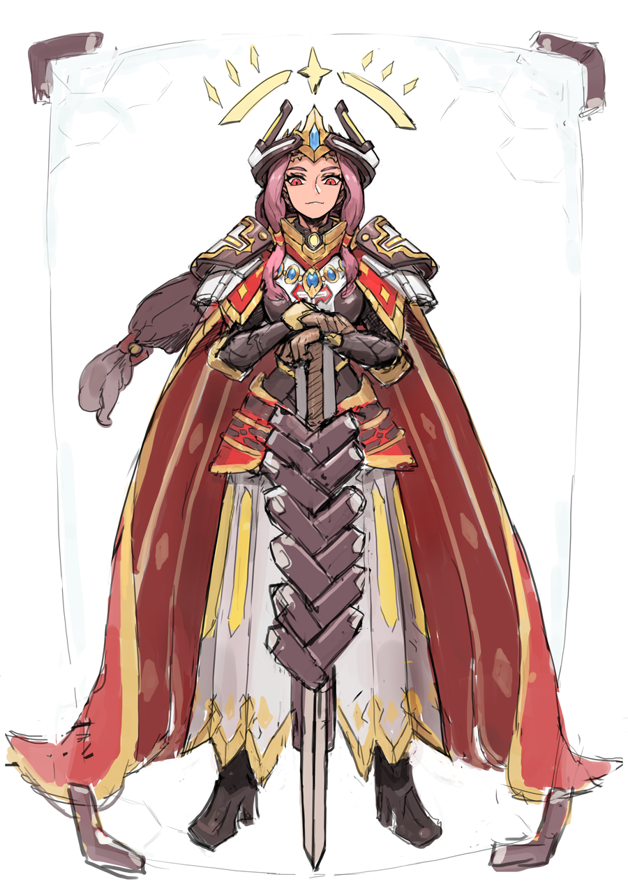 1girl :3 armor cape commentary_request crown dark_skin dark-skinned_female full_body highres kahill korean_commentary last_origin long_hair looking_at_viewer low-tied_long_hair prester_johanna purple_hair red_eyes smile solo sword weapon