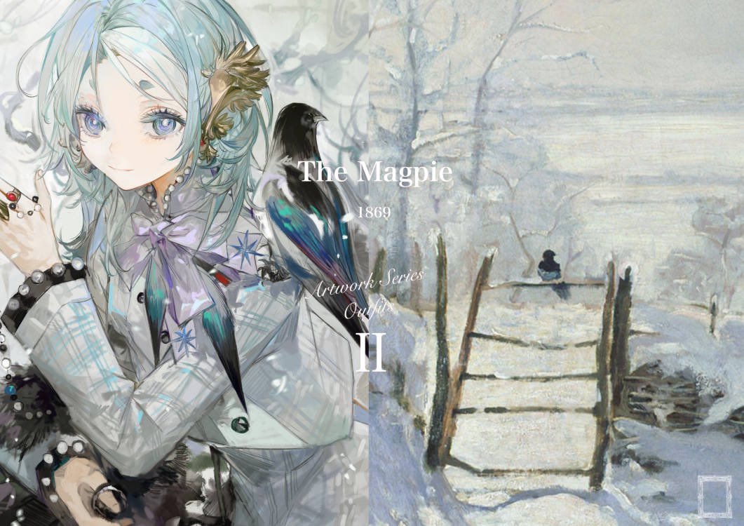 1girl animal animal_on_shoulder bird bird_on_shoulder black_bird blue_eyes blue_hair bow bowtie closed_mouth coat earrings english_text eyelashes frooooty fur_trim hair_ornament jewelry light_smile looking_at_viewer magpie medium_hair mixed_media multicolored_hair original painting_(medium) ring short_eyebrows sky smile snow snowing solo traditional_media tree two-tone_hair white_bow white_bowtie white_coat white_hair winter winter_clothes