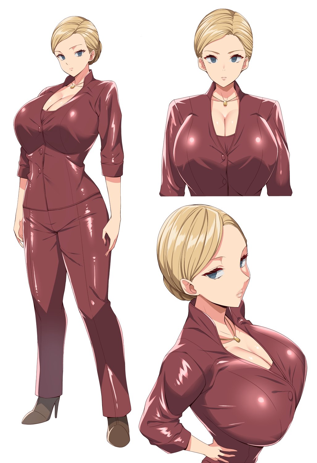1girl black_footwear blonde_hair blue_eyes breasts brown_jacket brown_pants cleavage collarbone commission full_body highres huge_breasts jacket jewelry kloah looking_at_viewer multiple_views necklace open_clothes open_jacket pants short_hair simple_background skeb_commission standing t-x terminator_(series) terminator_3:_rise_of_the_machines white_background