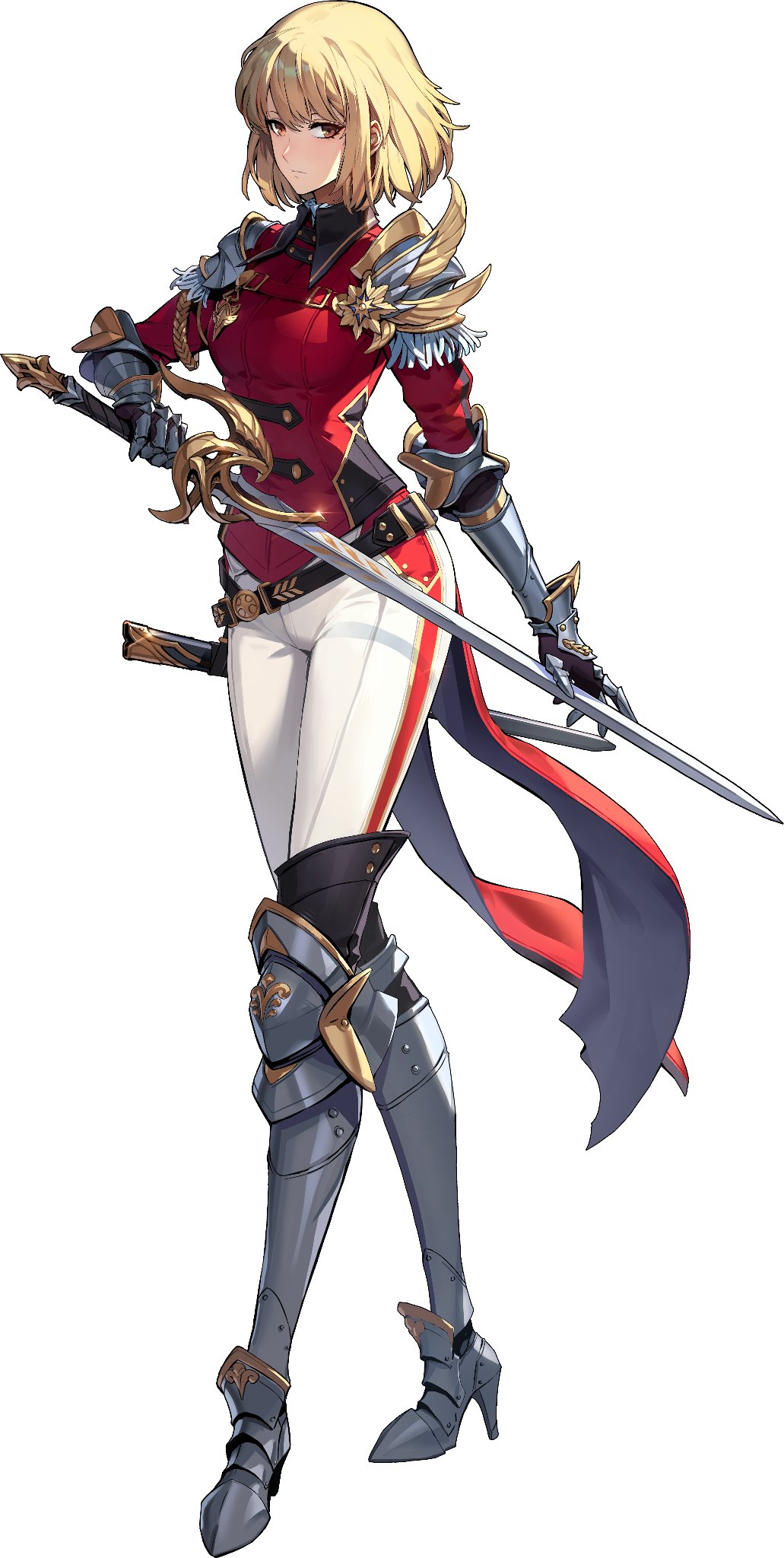 1girl armor armored_boots blonde_hair boots brown_eyes cha_hae-in full_body gauntlets high_heel_boots high_heels highres holding holding_sword holding_weapon knee_boots long_sleeves looking_at_viewer official_art pants pauldrons red_jack_armor short_hair shoulder_armor simple_background solo solo_leveling solo_leveling:_arise sword weapon white_background white_pants